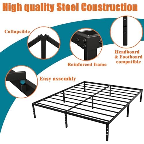 Caplisave Queen Bed Frame Metal Platform, Max 3500lbs Heavy Duty Metal Slat Support,14 Inch High Underbed Storage Bed Frames Queen Size，Easy Assembly，No Box Spring Needed，Black 5