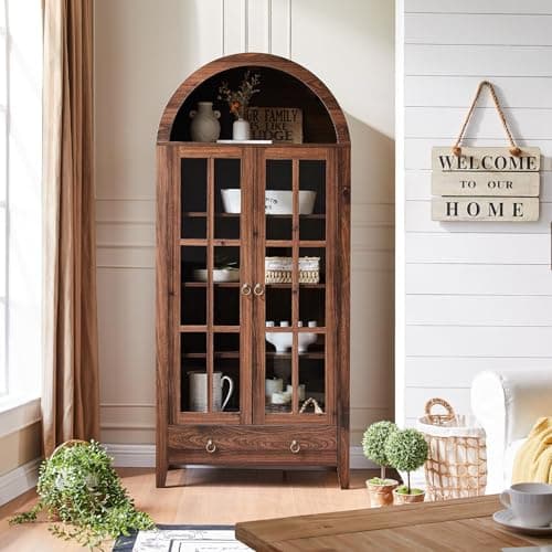 RowyPoey Farmhouse Arched Cabinet with Glass Doors, Wood Display Cabinet with Drawer and Adjustable Shelves, 71” Tall Bookshelf Modern Storage Kitchen Pantry for Living Room,Office (Walnut)