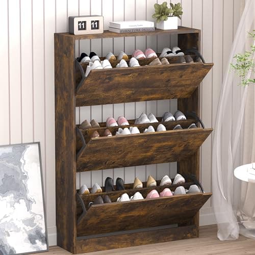 BORNOON Shoe Cabinet with 3 Flip Drawers, Hidden Wood Shoe Cabinet,Freestanding Shoe Storage Cabinet for Entryway Hallway