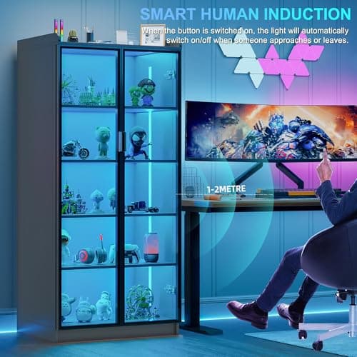 Lvifur 65" Display Cabinet with Lights, 5 Tier Curio Cabinets Bookcase with Adjustable Shelves, Tall Storage China-Cabinet with Human Body Induction for Living Room (Grey) 5