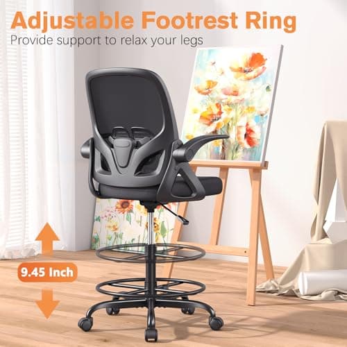 ORRSAKER Tall Drafting Chair with Lumbar Support and Footrest Ring, Supportive Tall Extended Height Ergonomic Desk Chair for Home Work, Breathable Mesh Office Chair with Flip up Arms(Black) 7