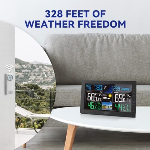 FOKEY Weather Station Wireless Indoor Outdoor, Indoor Outdoor Thermometer Wireless, Home Atomic Clock Weather Stations, Temperature Humidity Barometer Inside Outside Thermometers, Black with 1 Sensor 7