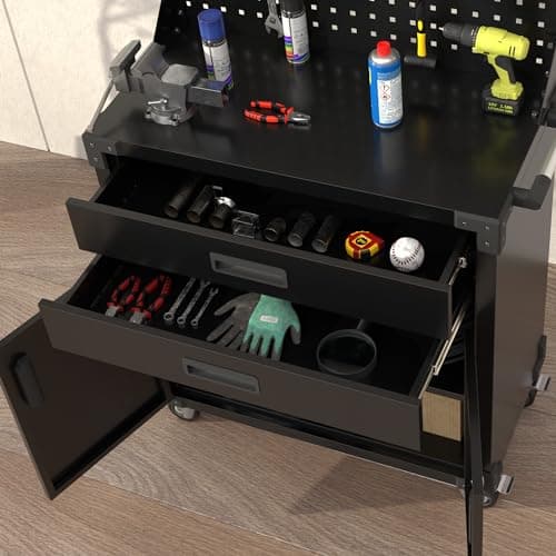 NICOMOW 31.5" H Workbench Mobile Tool Cart,Garage Workbench with 4 Wheels,Metal Storage Cabinet with 2 Drawers&2 Doors and 1 Adjustable Shelves,Lockable Tool Cabinets for Home,Garage,Shop,Black 5