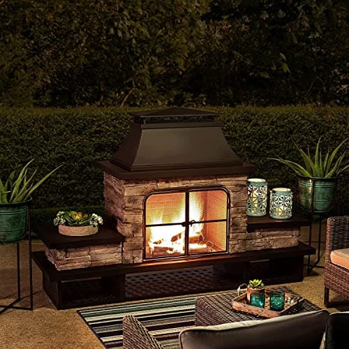 Sunjoy Outdoor Fireplace, Patio Wood Burning Fireplace with Steel Chimney, Mesh Spark Screen Doors, Fire Poker, and Removable Grate, Black 11