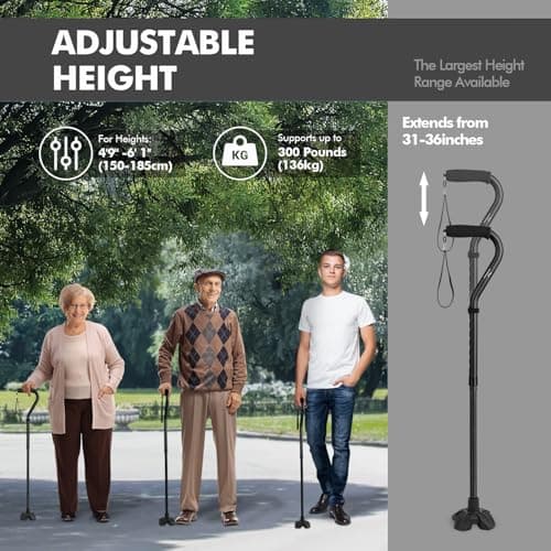 KINGGEAR F1 Walking Stick, Walking Cane for Women & Men, Self Standing Walkers for Seniors with Wrist Strap, Lightweight & Sturdy Offset EVA Handle and Large Quad Base 6