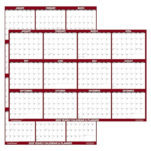 24" x 36" SwiftGlimpse 2025 Wall Calendar, Paper Folded, 12 Month Annual Yearly Wall Planner, Reversible, Horizontal/Vertical, Maroon