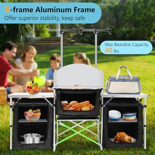 Seeutek Camping Kitchen Table Aluminum Portable Outdoor Cooking Table Foldable Camp Table with Windscreen and 3 Storage Cupboards Multifunctional for BBQ, Party & Outdoor Activities 5