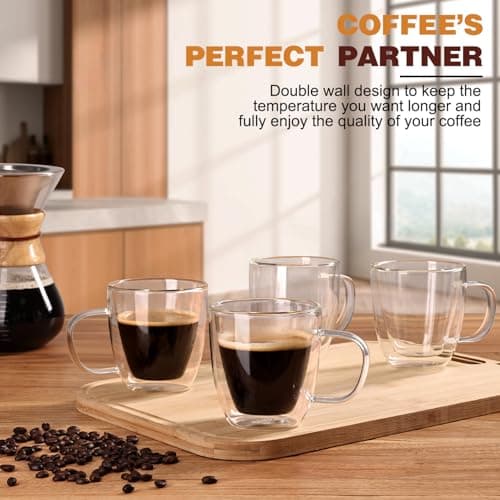 Espresso Cups Set of 4, Double Wall Hand Blown 5.5OZ Espresso Shots Glass, Coffee Mugs with Handle Perfect for Cappuccino, Latte, Tea 5