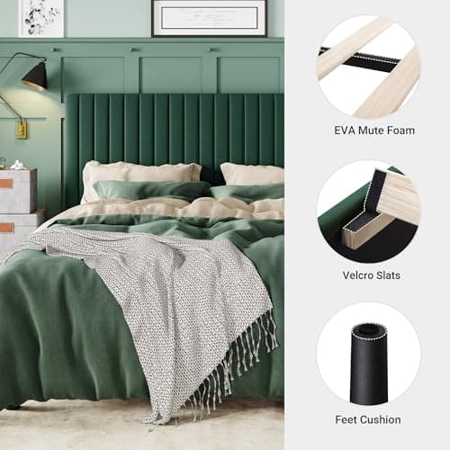 Allewie Queen Bed Frame, Velvet Upholstered Platform Bed with Adjustable Vertical Channel Tufted Headboard, Mattress Foundation with Strong Wooden Slats, Box Spring Optional, Easy Assembly, Green 5