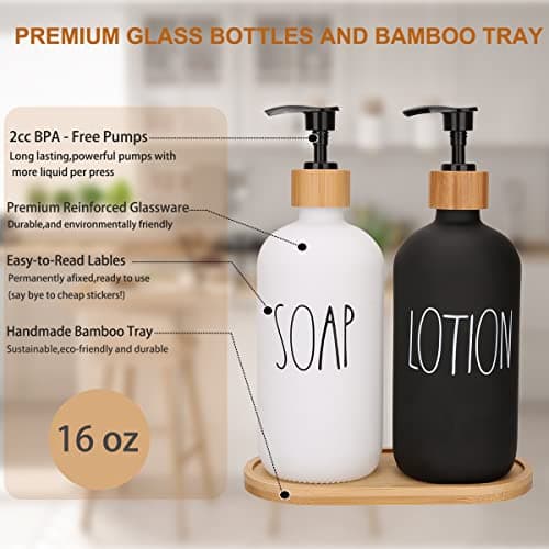 Soap Dispenser Bathroom Set, Hand Soap and Lotion Dispenser Set with Tray for Bathroom, Black and White Bathroom Decor Modern Farmhouse Decor Kitchen Art Dish Soap Holder (Black & White) 5
