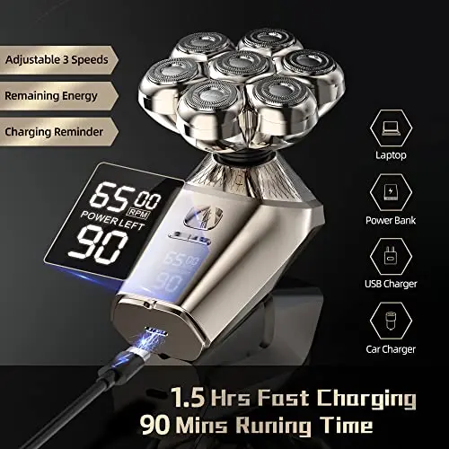 Head Shaver for Men 5-in-1 Multifunctional Electric Razor Bald Clippers Wet/Dry Waterproof 7D Rotary Grooming Kit Rechargeable With LED Display 5