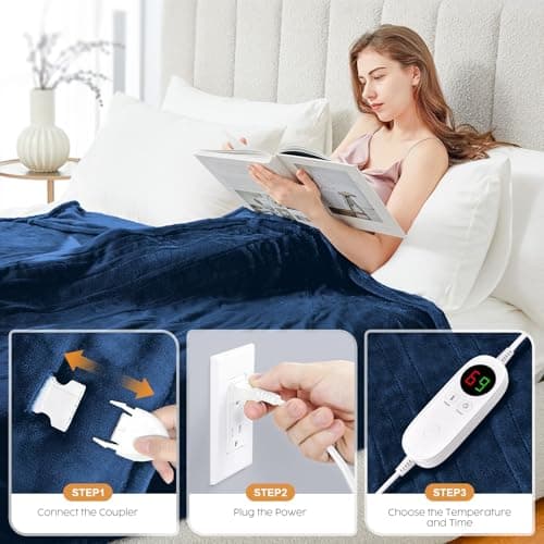 HYLEORY Heated Electric Blanket Throw 50" x 60" Soft Warm Flannel with 6 Heating Levels & 9 Hours Timer Auto Shutt Off, Heating Blanket for Full Body - Navy Blue 5