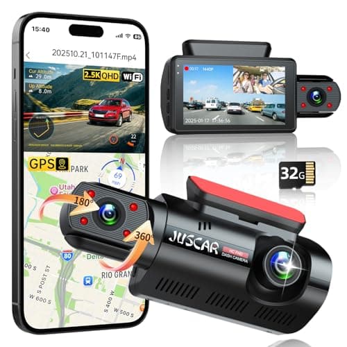 Juscar 2.5K+1080P Dual Dash Cam Front and Inside, WiFi & GPS Dash Camera for Cars with 32G Card, IR Night Vision, 3" IPS Screen, Inside Car Camera for Taxi Driver, Support 256GB Max, App Control