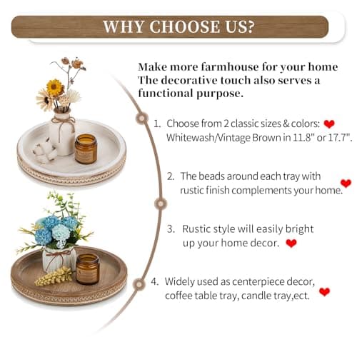 Hanobe Round Wooden Decorative Tray: White Washed Bead Tray Decor for Coffee Table Centerpiece Rustic Farmhouse Tray for Kitchen Counter Living Room Easter Decoration 7