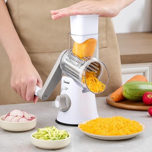 Geedel Rotary Cheese Grater, Kitchen Mandoline Vegetable Slicer with 3 Interchangeable Blades, Easy to Clean Rotary Grater Slicer for Fruit, Vegetables, Nuts 8