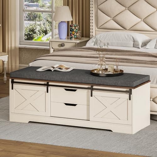 UPOSOJA 60“ Farmhouse Storage Bench with Cushion, Shoe Rack with Slide Barn Doors, Adjustable Shelf and 2 Drawer for Entry, Bedroom, Closet, Living Room, Hallway (White Brown, 60 in) 9