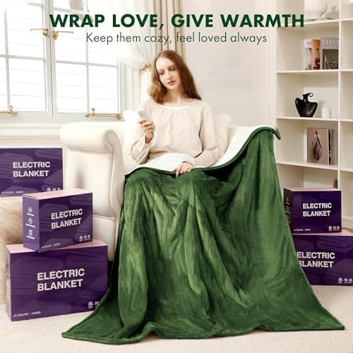 VELLUBAM Electric Throw Blanket 50" x 60" - Soft Flannel Sherpa Heated Lap Blanket with 5 Heating Levels & 4 Hours Auto Off, Electric Throw Blanket as a Gift for Grandma, Machine Washable (Green) 8