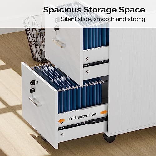 VINGLI 2 Drawer File Cabinet with Lock, Wood Grain White File Cabinets for Letter Size File Folders with Tabs, Mobile Under Desk Filing Cabinets for Home Office, Rolling Filing Cabinet Printer Stand 4