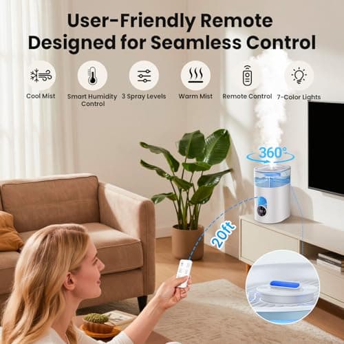 Humidifiers for Bedroom Large Room Home - GloryAir 6L Quiet Top Fill Cool & Warm Mist Humidifier with Smart Humidity Control, Remote Control, 7-Color Light, Humidistat, Oil Diffuser for Plants & Baby 6