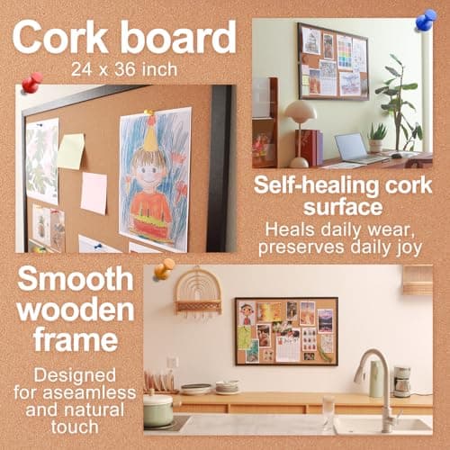 Starhali 24x36 Inch Cork Bulletin Board for Wall with Black Wood Frame | Modern Pin Board for Office & Home | Includes 20 Push Pins & Mounting Hardware 8