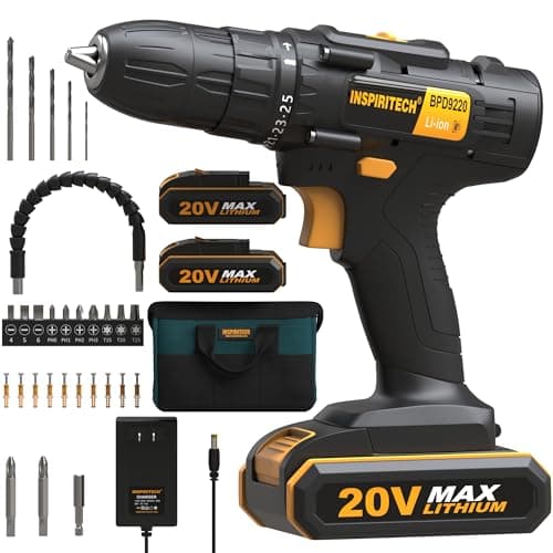 INSPIRITECH 20V Cordless Drill, Power Drill Set with 2 Batteries and Charger,3/8-Inch Chuck Electric Drill Kit with 24-Torque Setting, Drill Driver Bits and Tool Bag Included…