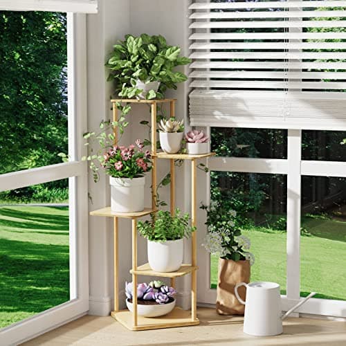 MUDEELA Plant Stand Indoor, 5 Tier Tall Plant Shelf Plant Holders, Bamboo Plant Stands Corner Plant Stand for Multiple Plants for Indoor, Outdoor, Corner, Balcony, Living Room and Bedroom 8