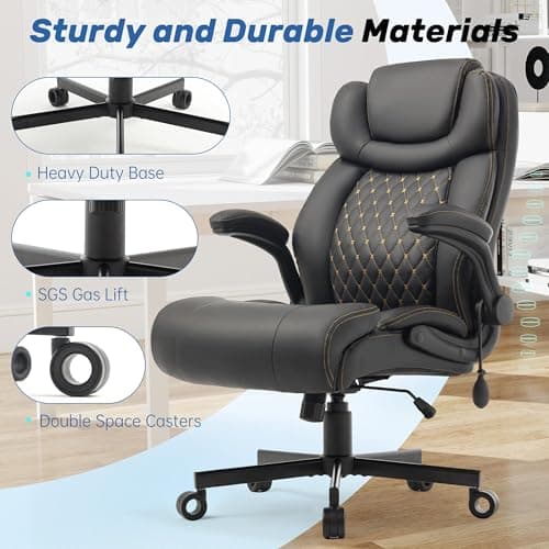 550LBS Big and Tall Office Chair, Comfy Heavy Duty Executive Chair with Adjustable Lumbar Support Double Spaces Casters, PU Leather Extra Wide Seat Ergonomic Computer Desk Chair for Back Pain, Black 8