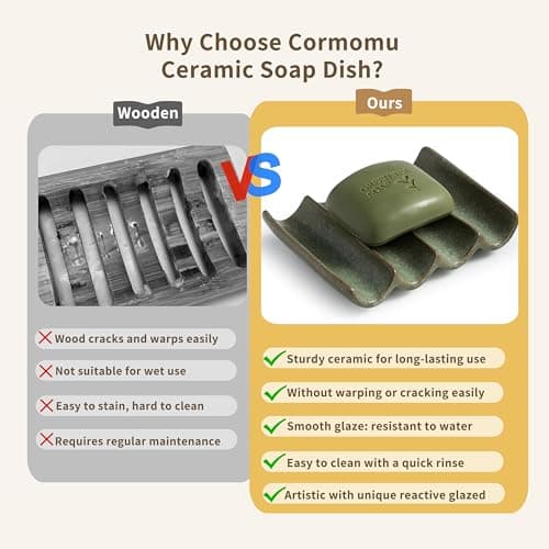 Cormomu Draining Ceramic Soap Dish - Fluted Design, Bar Soap Holder for Shower & Bathroom, Soap Saver Sponge Lift, Green 7