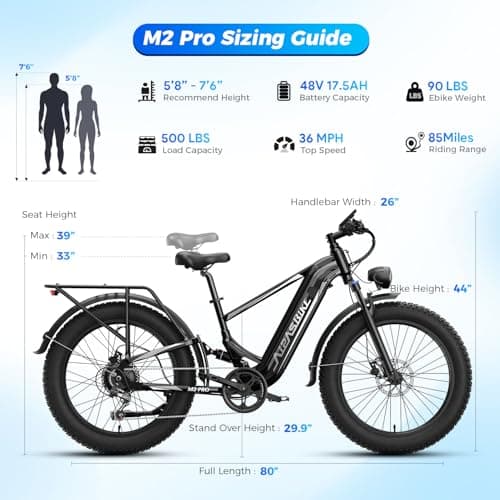 LEONX M2 Pro Electric Bike for Adults,1800W Peak Motor Electric Bike, 26'' x 4.0'' Fat Tire Electric Mountain Bike,48V 17.5AH Battery, 36MPH 85Miles Long Range E-Bike, Up to 110 Nm 7Speed 9