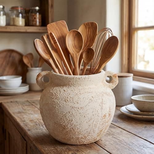 Qinyoung Rustic Kitchen Utensil Holder 6 Inch Small Ceramic Utensil Holder with Handle Vintage Crock Decoration Spatula Organizer for Kitchen Countertop Farmhouse Party Supplies(White,Elegant)
