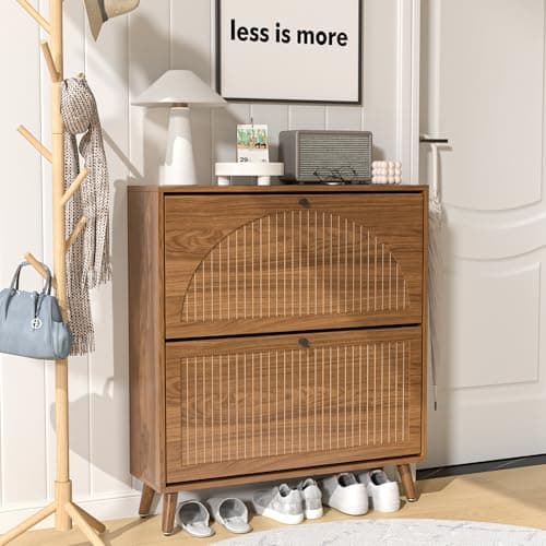 Fsbecl Shoe Storage Cabinet for Entryway with 2 Flip Drawers, Narrow Wood Shoe Cabinet with Fluted Panel, Freestanding Hidden Shoe Organizer for Foyer, Hallway (Walnut) 9