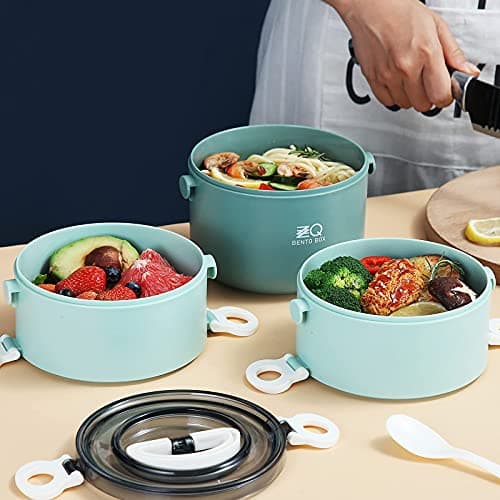ZZQ Bento Box Adult Lunch Box Set, Leak-Proof, Microwave Safe, Large Capacity Stackable Lunch Containers for Adults, Men, Women, 3 Layers Adult Bento Box with Bag & Spoon for Work, Dining Out 5