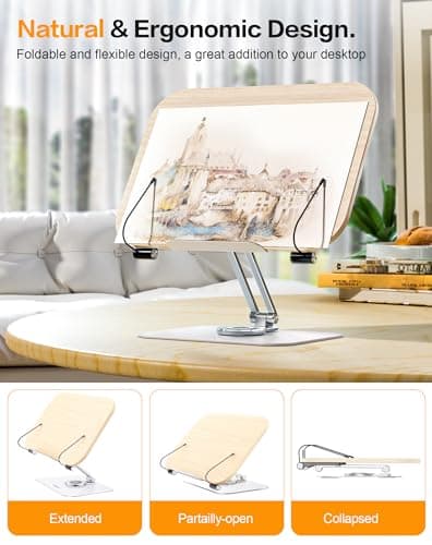 Amasrich Book Stand for Reading, Adjustable Holder with 360° Rotating Base & Page Clips, Foldable Desktop Ricer for Cookbook,Sheet Music,Laptop,Recipe,Textbook,Hands Free,Wood,Aluminium 6