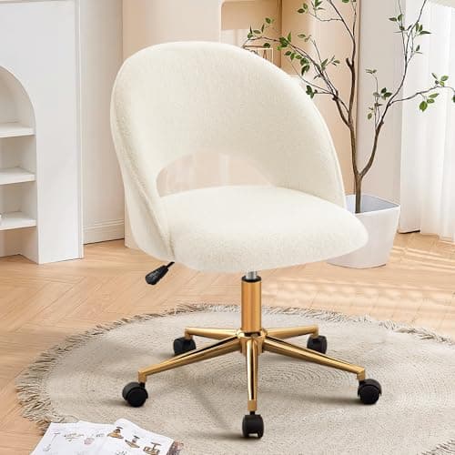 Vanity Chair with Back, Cute Office Desk Chair with Wheels for Girls, Upholstered Armless Accent Chair with Gold Metal Height Adjustable Soft Sherpa Fabric for Living Room/Makeup Room/Bedroom,White