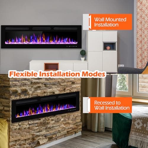 BETELNUT 60" Electric Fireplace Wall Mounted and Recessed with Remote Control, 750/1500W Ultra-Thin Wall Fireplace Heater W/Timer Adjustable Flame Color and Brightness, Log Set & Crystal Options 9