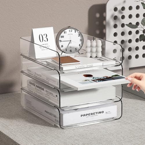 FANXIYQ 4-Tier Acrylic Paper Tray Organizer | Clear Stackable Desk Organizer for Documents, Letters, A4 Paper | Modern Office/Classroom/Home Organization 6