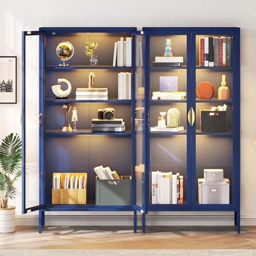 YITAHOME Display Cabinet with Glass Doors and Lights, 71" Storage Cabinet with 4-Tier Adjustable Shelves ＆ Magnetic Suction Design, Collectibles Organizers Rack & Display Shelf for Living Room, Blue 8
