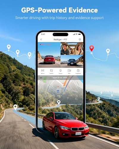 REDTIGER F17 4K 3 Channel Dash Cam, STARVIS 2 IMX675 HDR, 2160P+1080P+1080P Front Inside and Rear Triple Car Camera with 64GB Card, 5.8GHz WiFi GPS, IR Night Vision, G Sensor, WDR, Parking Mode 5