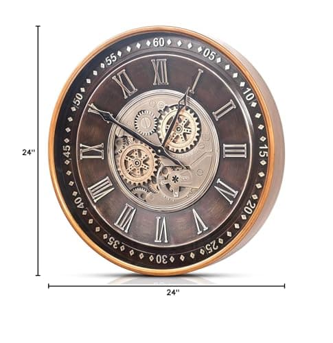 CLXEAST 24 Inch Wall Clock with Moving Gears,Oversized Large Industrial Steampunk Clock, Antique Gold Metal Roman Numeral Wall Clocks for Farmhouse Living Room Decor,Valentines Day Gifts 10