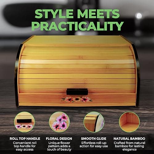 Luv UR Kitchen - Roll top Bread Box for Kitchen Countertop - All-Natural Bamboo Bread Box with Beautiful Flower Design - Ideal Breadbox for Kitchen Countertop Storage 7