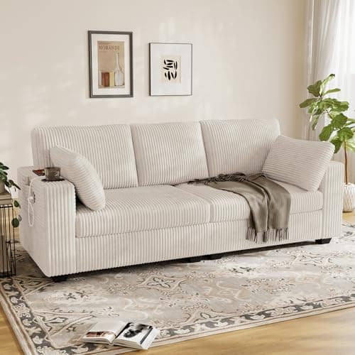 OUYESSIR 82" Loveseat Sofa for Living Room,Modern Sofa with USB Charging Ports & Cup Holders,Comfy Corduroy Couch with Upholstered Cushion,3 Seater Deep Seat Couch for Small Space,Bedroom Beige
