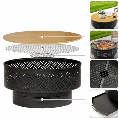 OutVue 26" Wood Burning Fire Pits with Grill & Lid, Fire Pit Table for Outside with Waterproof Cover & Fire Poker, Outdoor Firepit with Functions for BBQ,Table and Bonfire 5