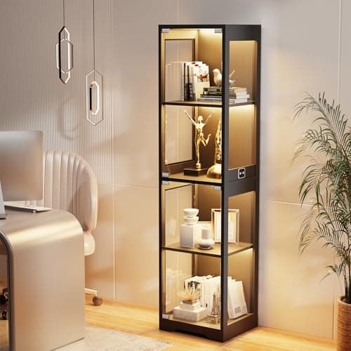 BROTTAR Glass Display Cabinet, 4-Tier Curio Cabinets with 3 Color Lights for Collectibles, Storage Cabinet with Door, Glass Display Case & Bookcase with Human Body Sensor, Black 6