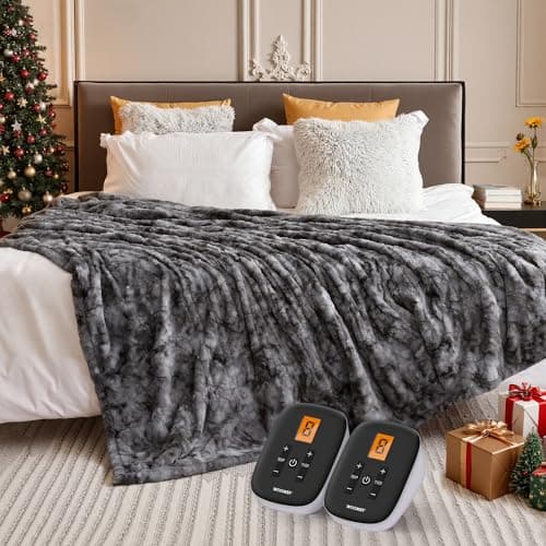 WOOMER Heated Blanket King Size 100" x 90", Electric Blanket with Dual Controllers, 0.5-12 Hours Timer & 10 Heating Levels, ETL Certified, Marble Gray Double-Sided Faux Fur, Machine Washable 9