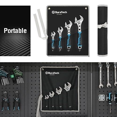 DURATECH 4-Piece Adjustable Wrench Set, 6-inch, 8-inch, 10-inch, 12-inch, 3-in-1 Spanner with Box End/Hex Function, CR-V Steel, Chrome-plated, Bi-material soft Grip, with Rolling Bag 7