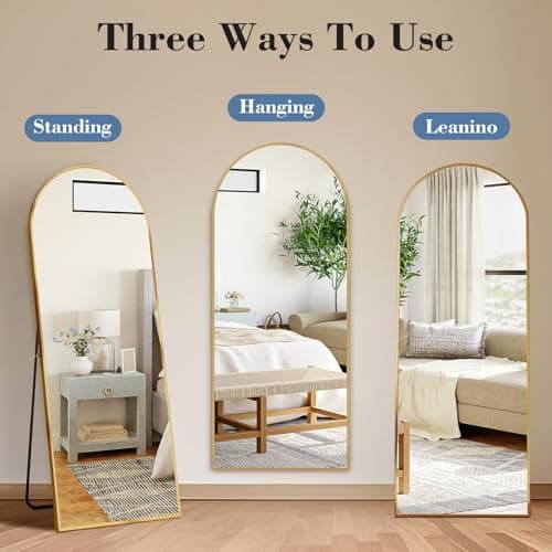 DUMOS Arched Full Length Mirror with Stand Floor Standing Aluminum Frame for Bedroom Body Hanging Leaning Modern Simple Home Decor Shatter-Proorf Nano Glass Wall Living Room Cloakroom Gold 56"x15" 5