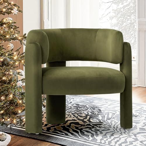 COLAMY Velvet Barrel Accent Chair, Mid Century Modern Living Room Chair, Upholstered Side Armchair with 3 Legs for Bedroom/Reading Spaces, Green