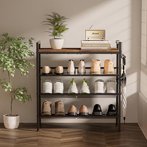 4 Tier Shoe Rack, Shoe Rack for Front Door Entrance with Hook, Shoe Organizer with Adjustable Mesh Shelves, Metal Shoe Rack for Entryway, Closet, Bedroom Living Room Garage 8
