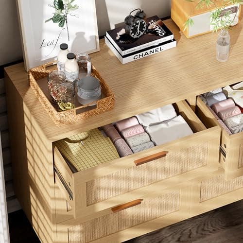 INTERGREAT Sideboard Buffet Storage with 6 Drawers，Rattan Storage Chest for Bedroom, Boho Buffet Cabinet with Golden Handle and Wood Legs for Bedroom, Hallway, Natural 7