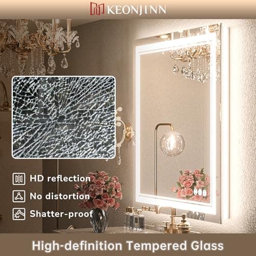 Keonjinn LED Bathroom Mirror 24" x 32" with Frontlit and Backlit, Stepless 3 Colors Temperature & Dimmable Vanity Mirror with Light, Double LED Strips, Tempered Glass Wall Mirror, UL Listed LED Driver 6